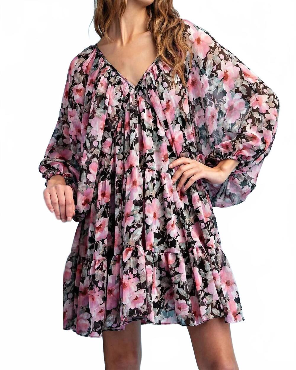 NEW EE:SOME long sleeve v-neck mini dress in pink multi